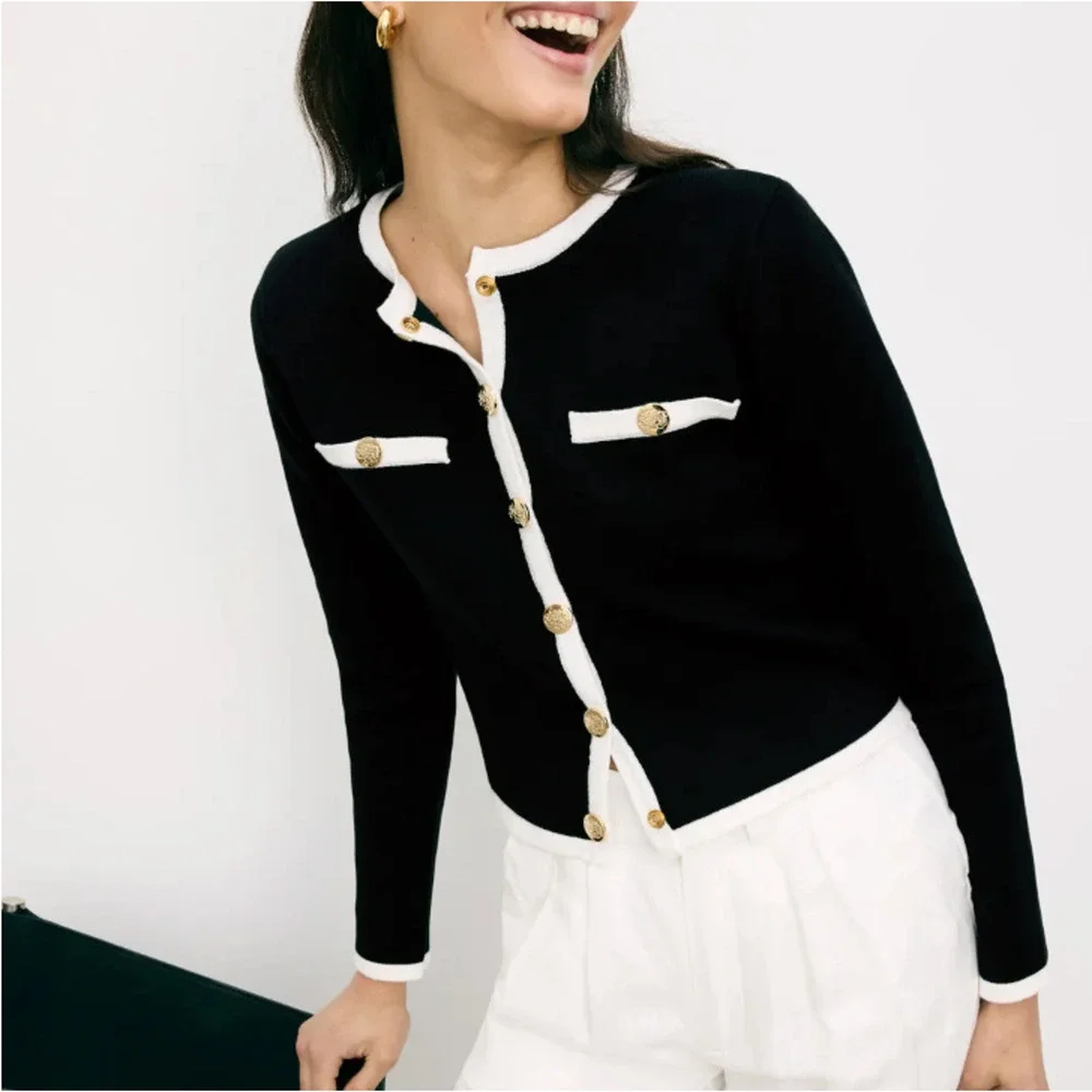 Alexia Admor Black White Career Cardigan Sweater SMALL Preppy Bolero Jacket $169 - Picture 3 of 13